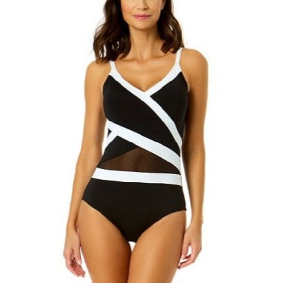 Anne Cole Womens Mesh-Insert One Piece Swimsuit Black Size 10 NWT $98 - Picture 1 of 7